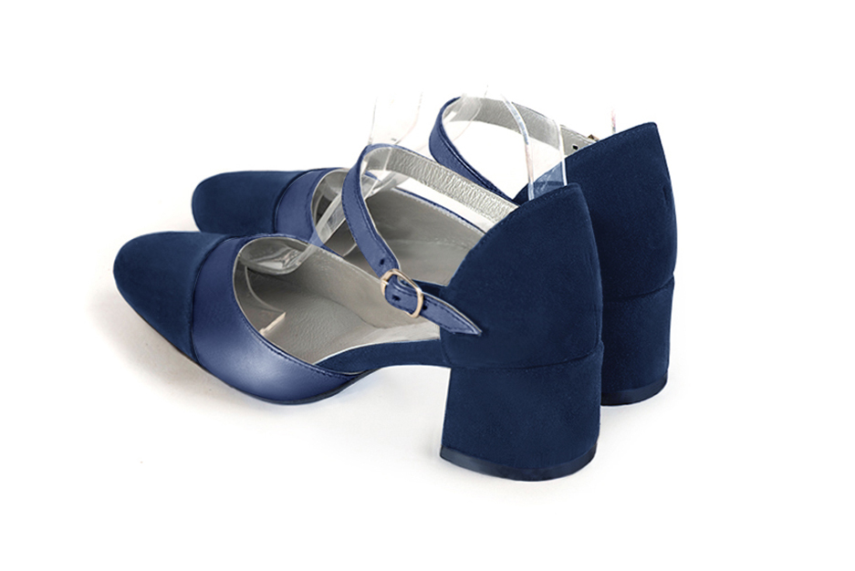 Women's navy blue and prussian blue open side dress shoes, with an instep strap. Round toe. Low flare heels - Rear view